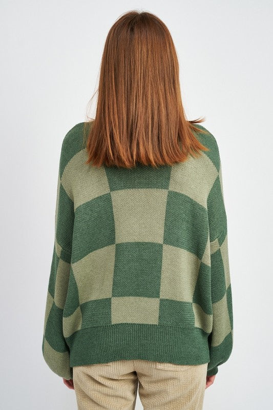 back view of CHECKERED SWEATER WITH BUBBLE SLEEVES green
