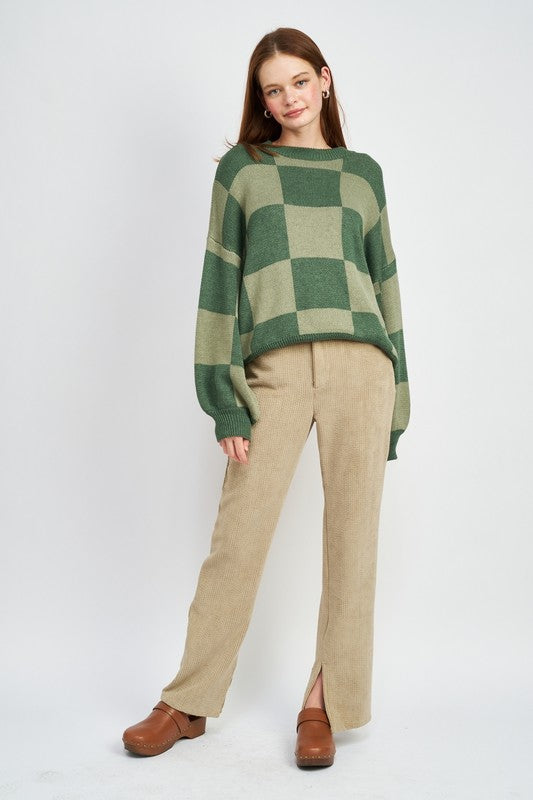 full body view CHECKERED SWEATER WITH BUBBLE SLEEVES Green