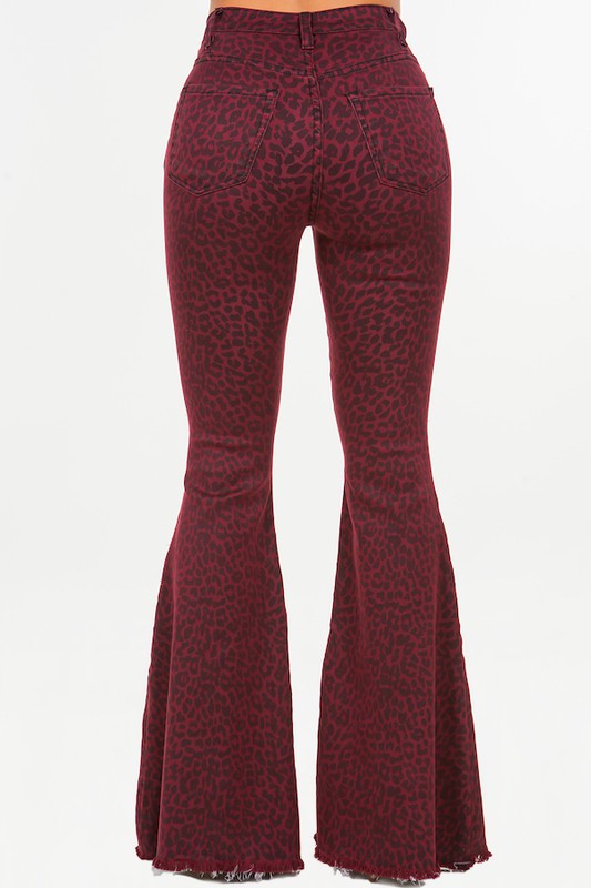 Back view of Leopard Print Bell Bottom Jean in Burgundy