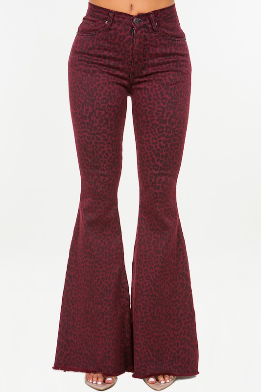 Zoom in view of the front of Leopard Print Bell Bottom Jean in Burgundy