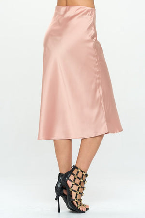 Side view of Made in USA Solid Stretch Satin Midi Skirt