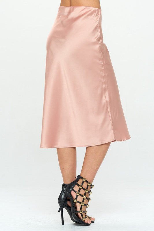 Side view of Made in USA Solid Stretch Satin Midi Skirt
