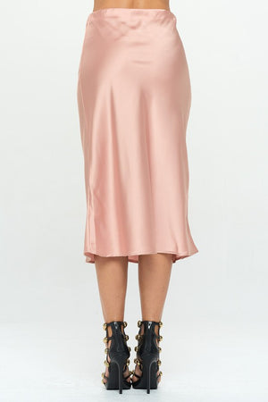 Back view of Made in USA Solid Stretch Satin Midi Skirt