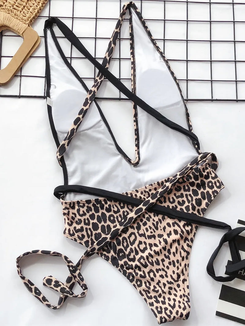 Leopard print bikini set on a grid background