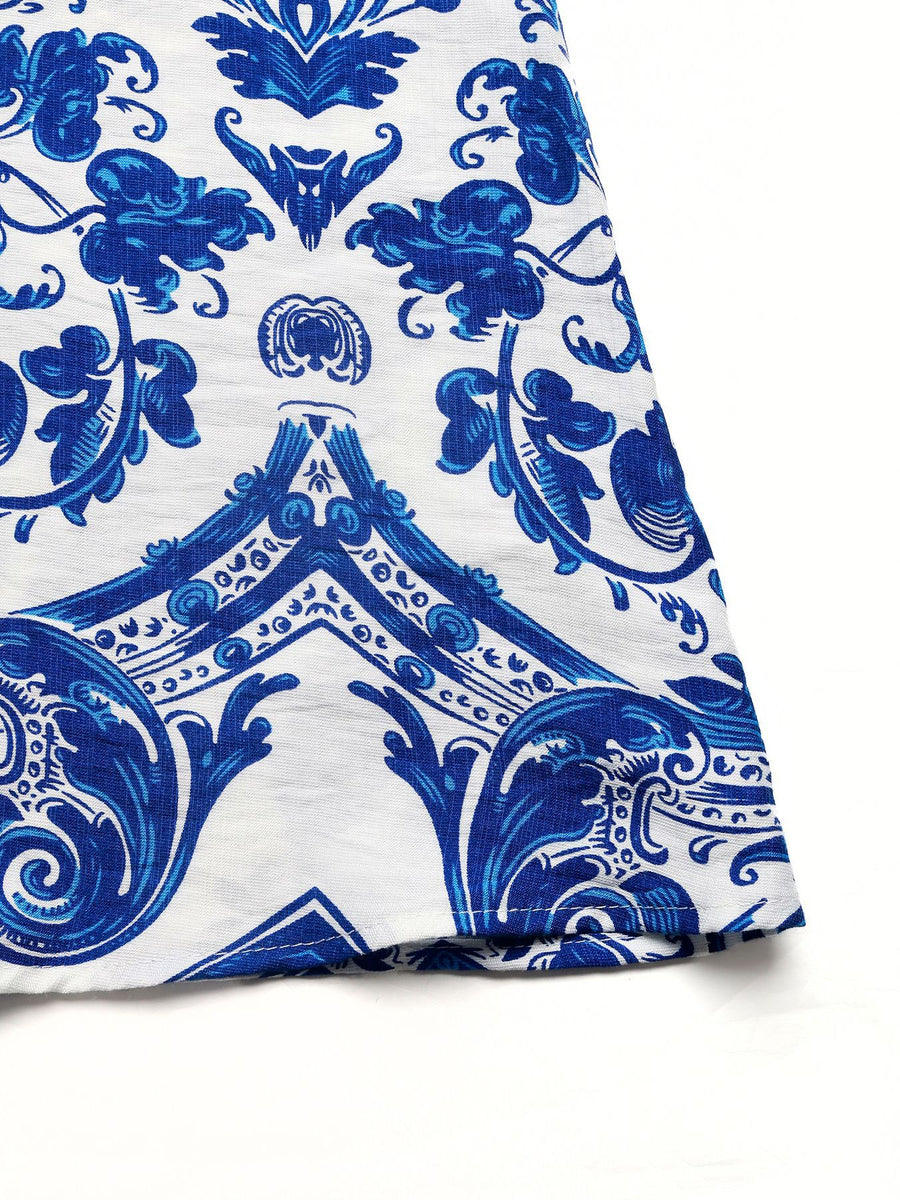 Blue and white patterned fabric on a white background
