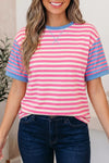 Ladies Trendy Stripe Contrast Patchwork Short Sleeve Loose Tee