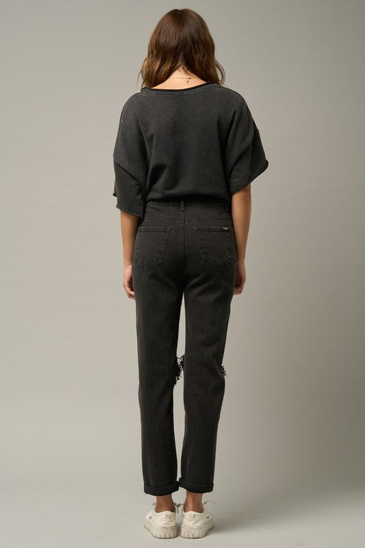 back of HIGH RISE DESTROYED BLACK JEAN