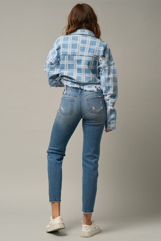 View of the back of Trim Raw Hem Girlfriend Jeans