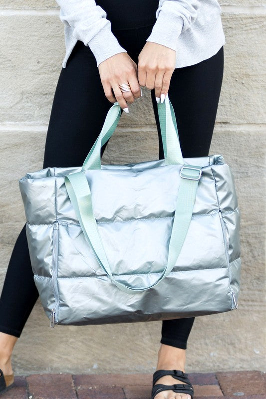 Side view of Metallic Puffer Tote
