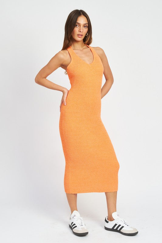 A zoom out view of HALTER NECK BODYCON MIDI DRESS-orange