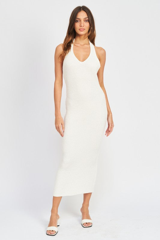 Front view of HALTER NECK BODYCON MIDI DRESS-off white