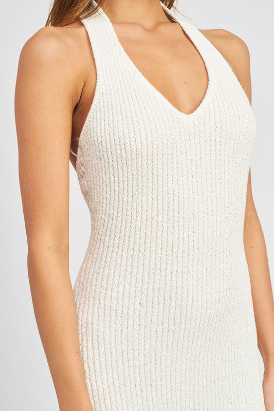 Front close up view of HALTER NECK BODYCON MIDI DRESS-off white
