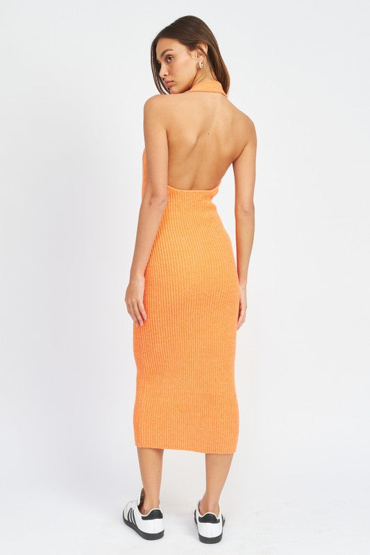 Back view of HALTER NECK BODYCON MIDI DRESS-orange