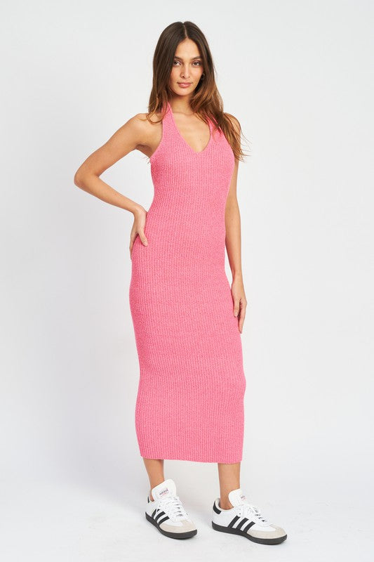 zoom out view of HALTER NECK BODYCON MIDI DRESS-pink