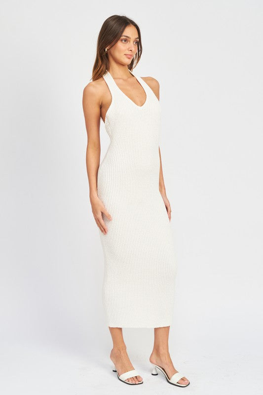 Left side view HALTER NECK BODYCON MIDI DRESS-off white