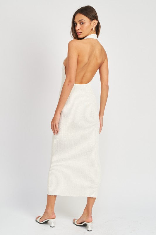 Model show back of HALTER NECK BODYCON MIDI DRESS-off white