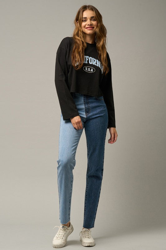 HIGH RISE TOW TONE STRAIGHT JEANS for her
