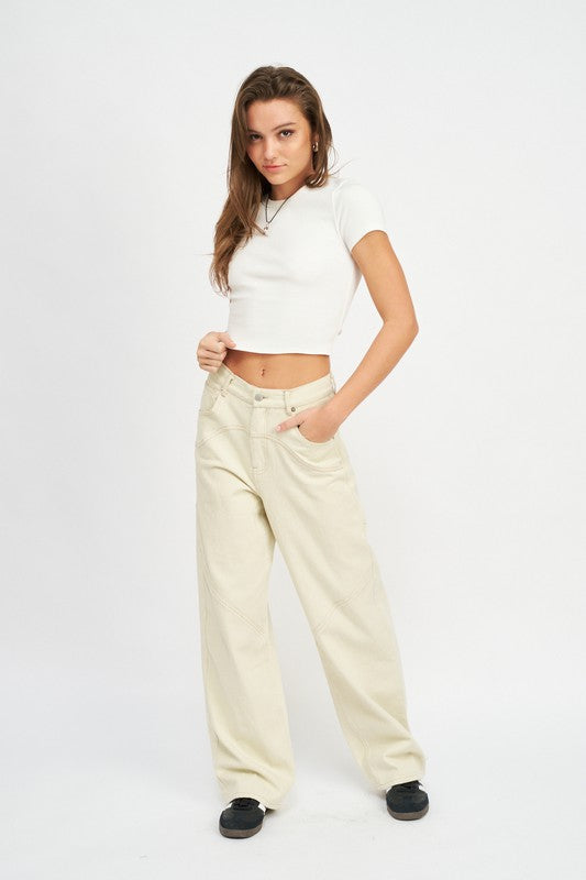 Front view of CONTRASTED STITCH DETAIL WIDE PANTS