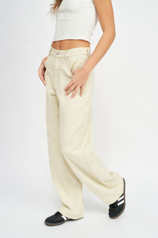 Left side view of CONTRASTED STITCH DETAIL WIDE PANTS