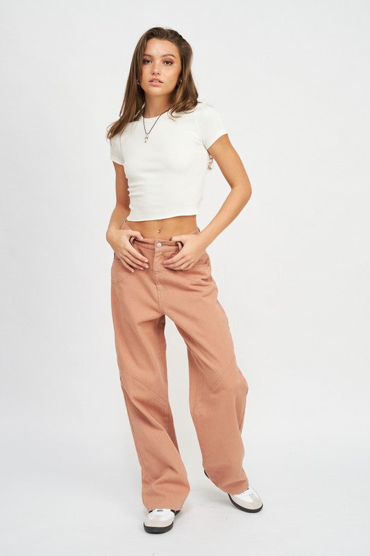 Front of CONTRASTED STITCH DETAIL WIDE PANTS