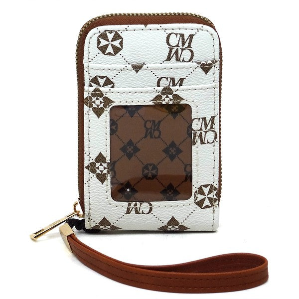 White wallet with brown pattern and strap on a white background