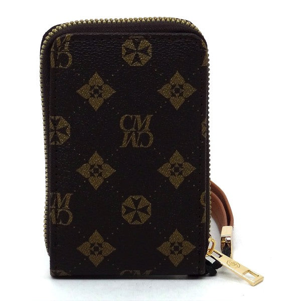 Black wallet with gold pattern and visible brand logo on a white background