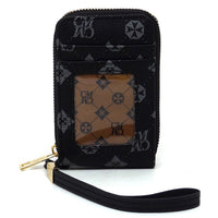 Black patterned wallet with a wrist strap on a white background