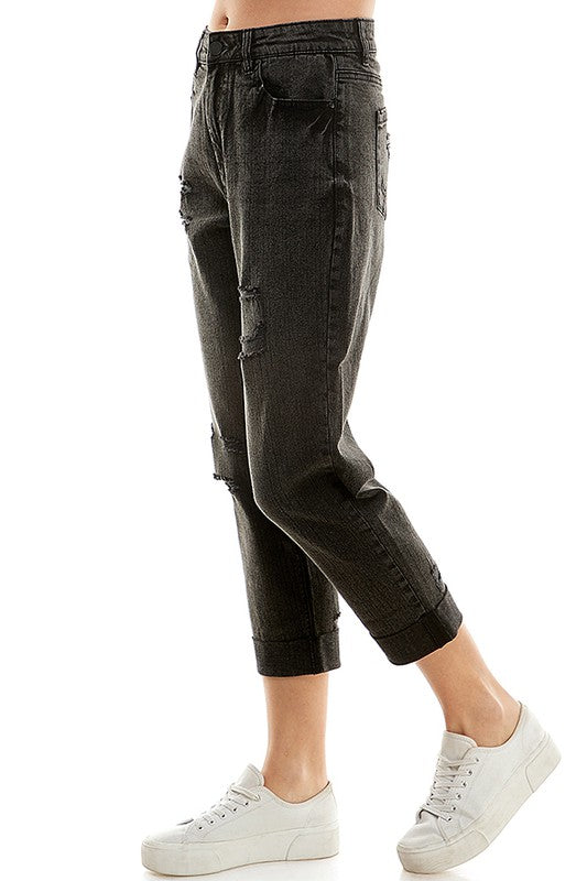 ROOL-UP DISTRESSED  HIGH RISE STRETCH MOM JEANS