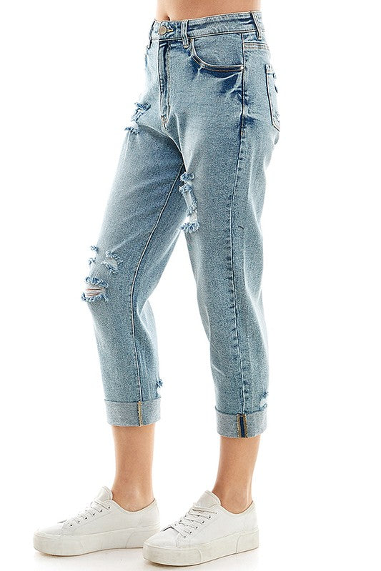 ROOL-UP DISTRESSED  HIGH RISE STRETCH MOM JEANS