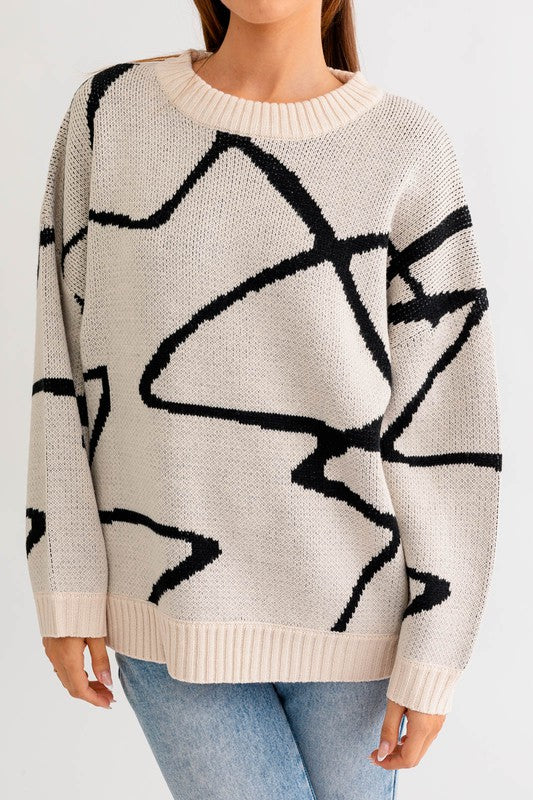 Abstract Pattern Oversized Sweater Top-white