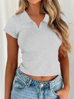 Front view of gray Devine Johnny Collar Short Sleeve T-Shirt