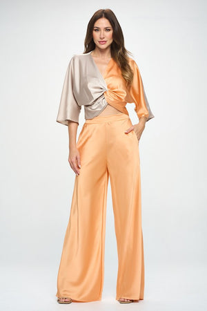 Front view of Stretch Satin Pants w/ Elastic Waist and Pockets