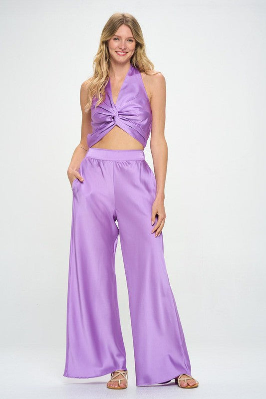 Full view of Stretch Satin Pants w/ Elastic Waist and Pockets