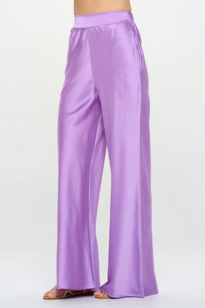 Purple Stretch Satin Pants w/ Elastic Waist and Pockets