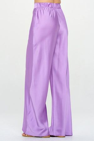 Back view of Stretch Satin Pants w/ Elastic Waist and Pockets