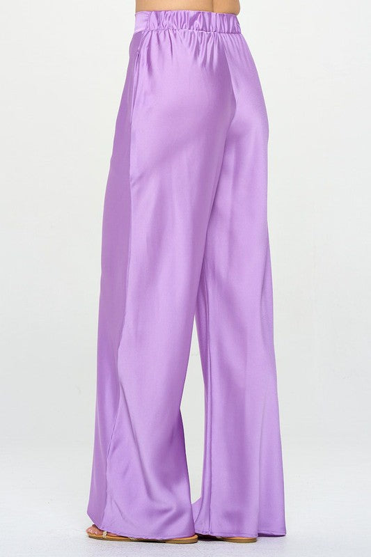 Back view of Stretch Satin Pants w/ Elastic Waist and Pockets
