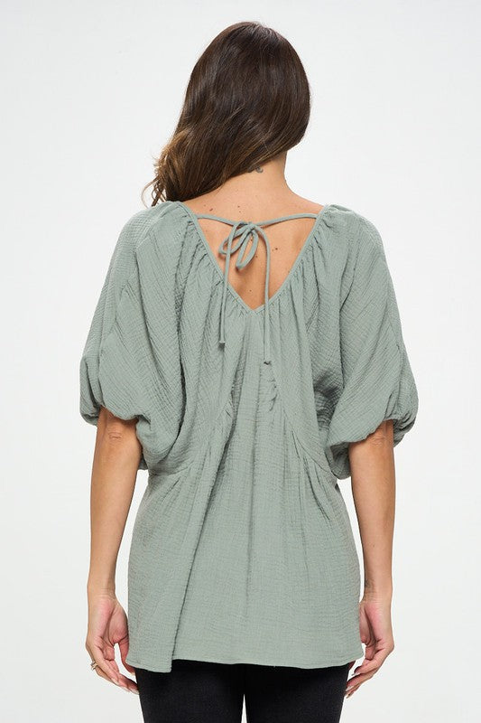 Back view of Cotton V neck Puff Sleeve Tunic Top
