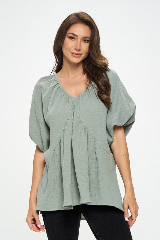 Spring into Cotton V neck Puff Sleeve Tunic Top