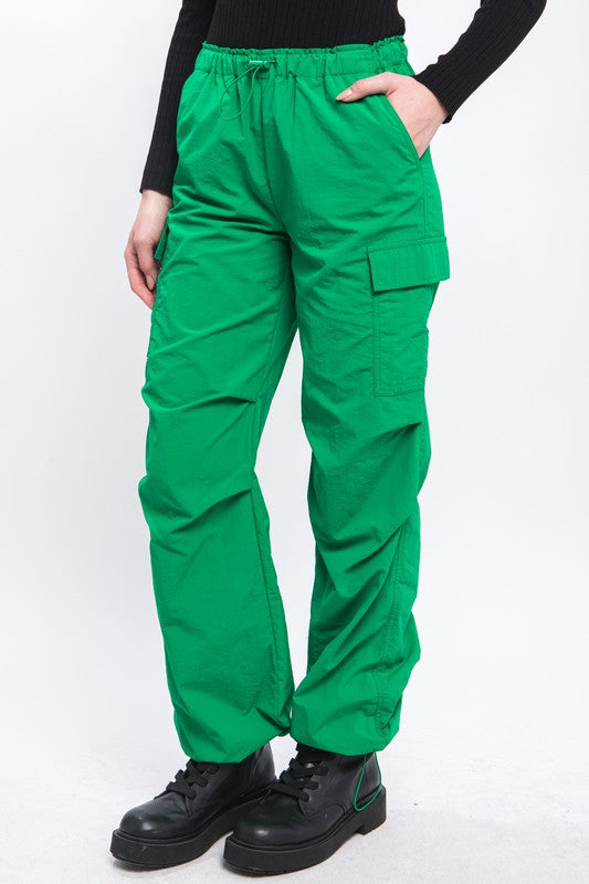 Side view of Loose Fit Parachute Cargo Pants-green