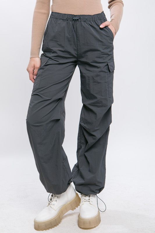 Front view of Loose Fit Parachute Cargo Pants-gray