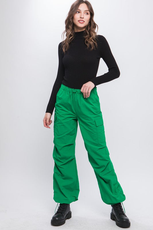 Full view of Loose Fit Parachute Cargo Pants-green