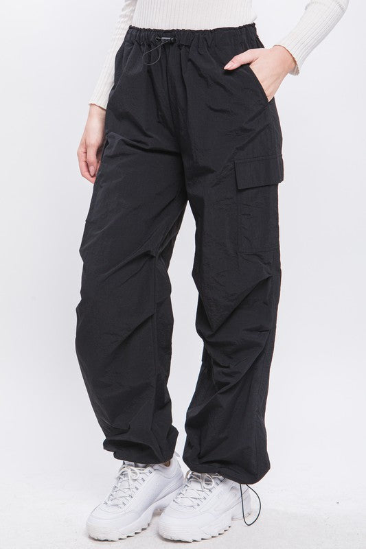 Front view of Loose Fit Parachute Cargo Pants-black