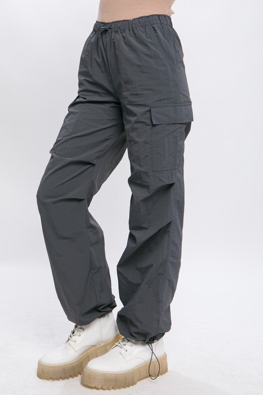 Side view of Loose Fit Parachute Cargo Pants-gray