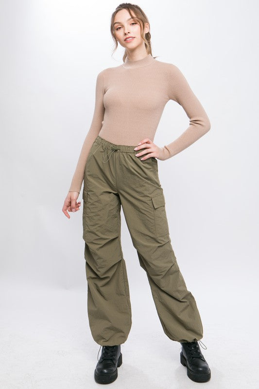 Full view of Loose Fit Parachute Cargo Pants-olive