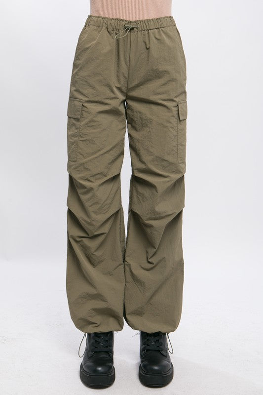 Front view of Loose Fit Parachute Cargo Pants-olive