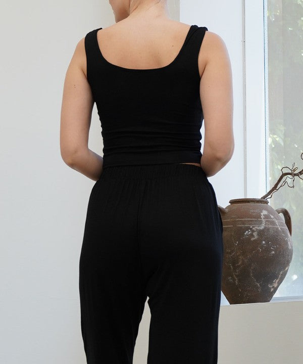 Black BAMBOO DOUBLE LAYER CROP TANK for yoga