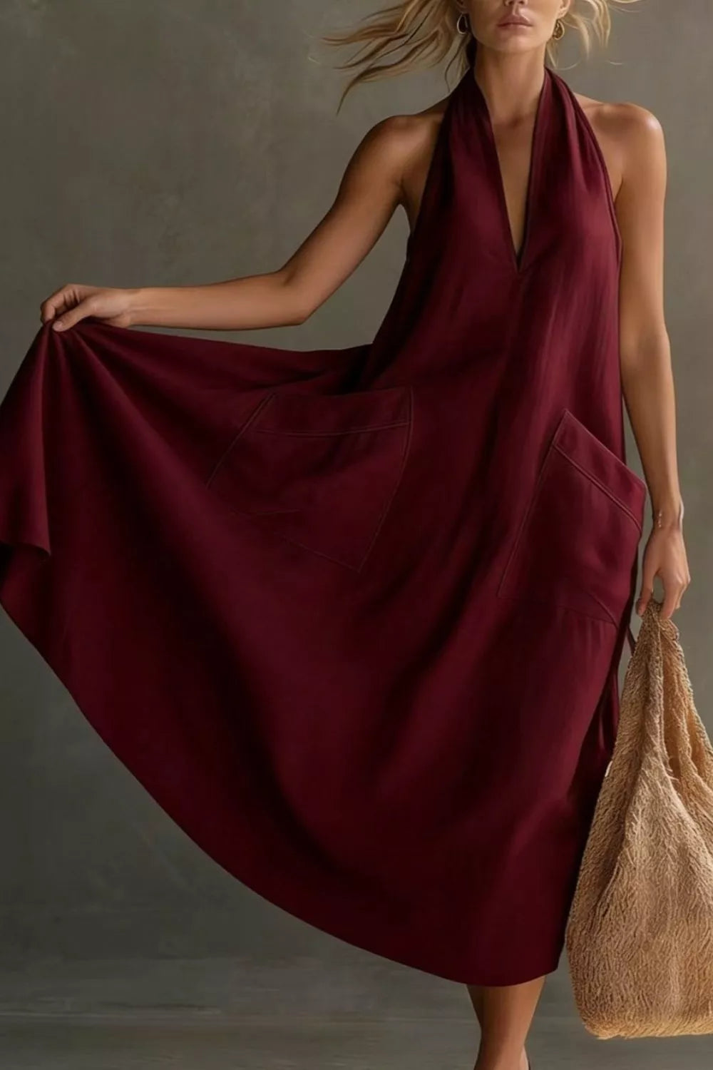 Woman wearing a burgundy dress holding a beige bag against a neutral background