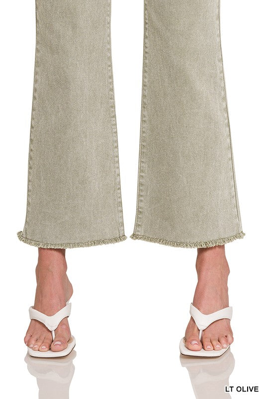 ACID WASHED HIGH WAIST FRAYED HEM BOOTCUT PANTS