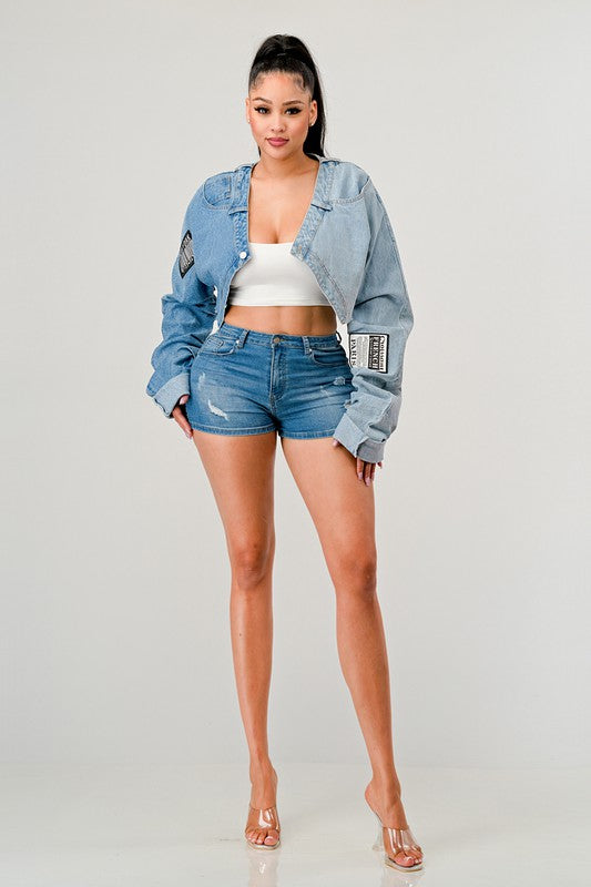 Hot Denim Patched X-Contrast Top