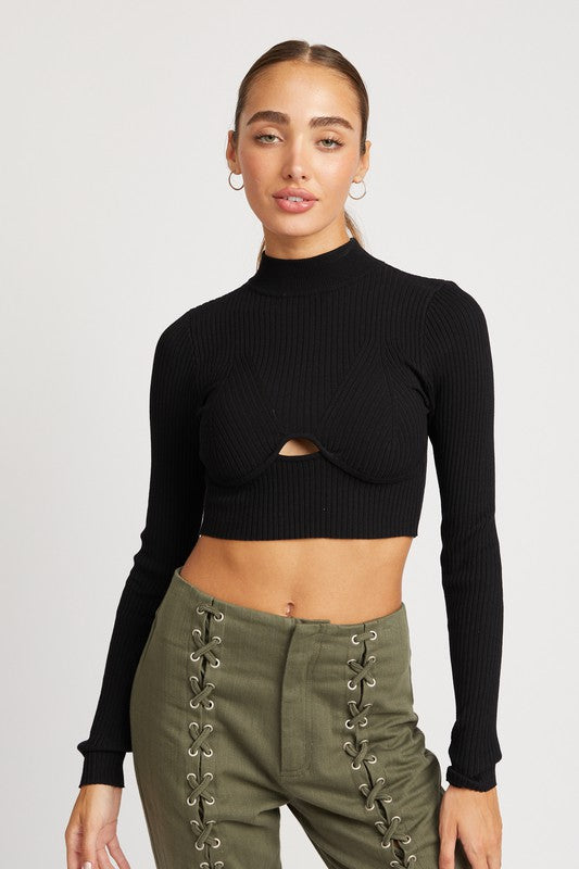 MOCK NECK CROP TOP WITH CUT OUT BLACK